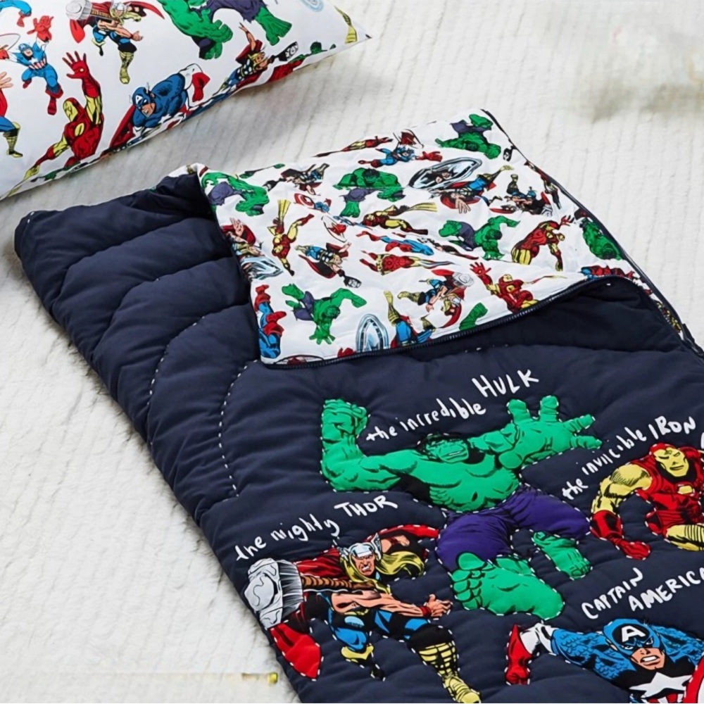 Pottery Barn Kids Marvel Comic Avengers Sleeping Bag Super Hero Blue 57x26